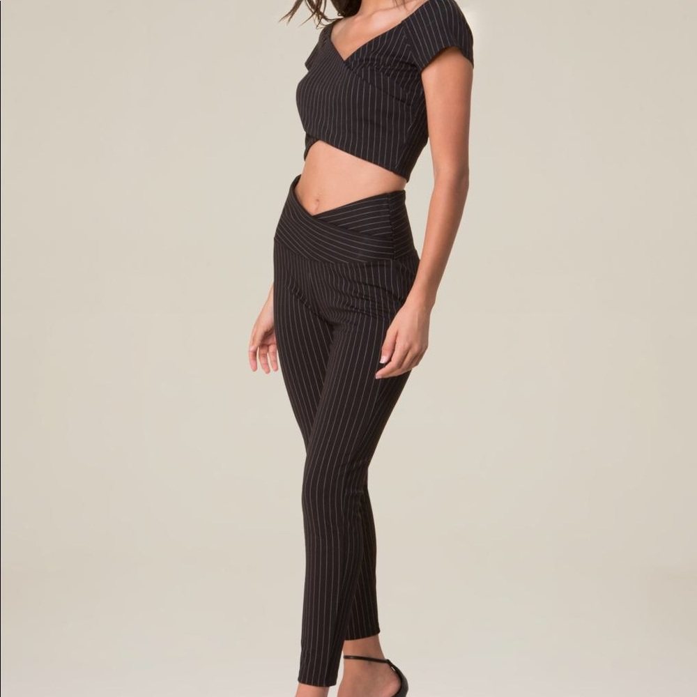 Black Pinstriped Pants and top from Bebe